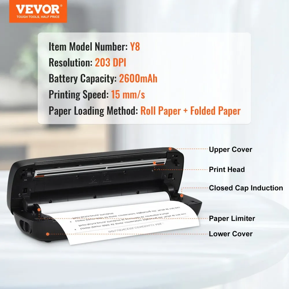VEVOR DRAAGBARE BLUETOOTHPRINTER INKTLOZE THERMISCHE PRINTER USB IOS 2600MAH