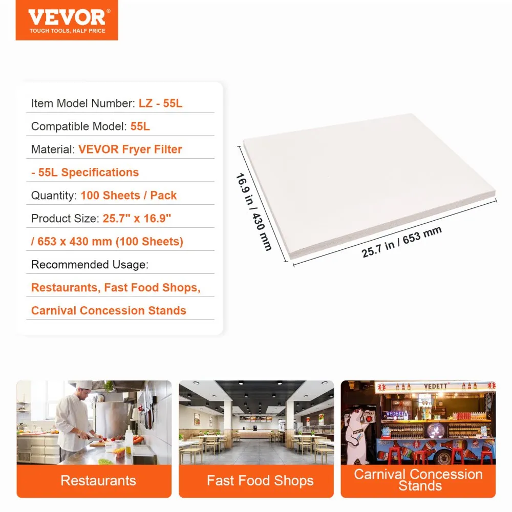 VEVOR Frituurfilterpapier, Frituurfilterblad, 25,7" x 16,9", 100 vellen