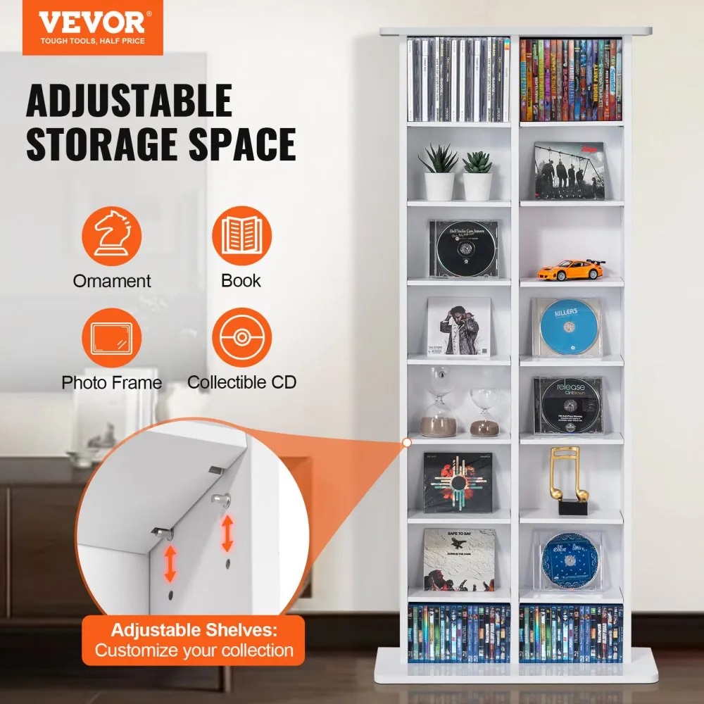 VEVOR MEDIAOPBERGKAST, 8 NIVEAUS, VERSTELBARE DVDPLANKEN, 464 CD'S, WIT