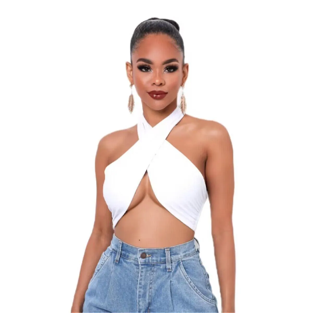 Women's Sexy Sleeveless Halter Criss Cross Self Tie Backless Crop Top